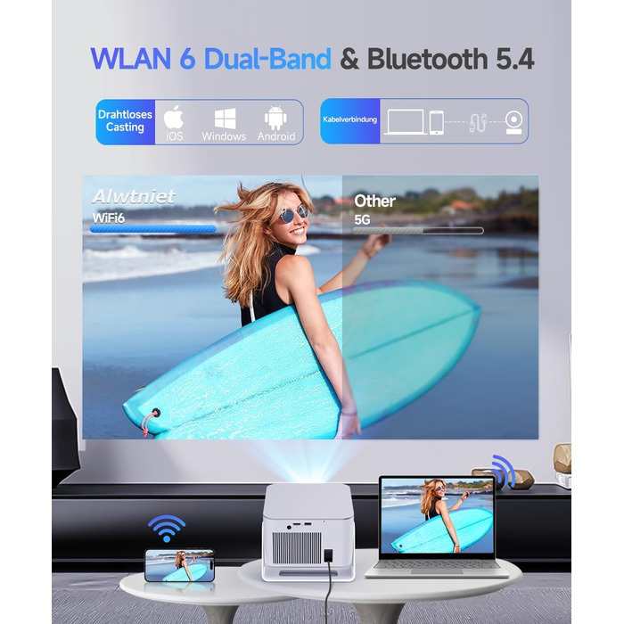 Проектор Alwtniet Mini Beamer 4K 8K з Android 14, WiFi 6, Bluetooth 5.4, Автофокус та Автокорекція, 180° поворот, для домашнього кінотеатру, HY350MAX