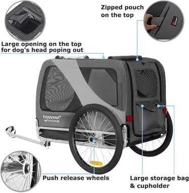 DOGGYHUT® Преміум XL Причіп для собак до 45 кг. Причіп для велосипеда для собак, великих собак, сірий (80103)