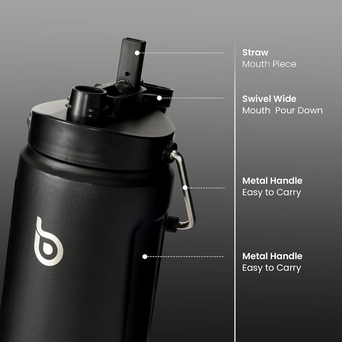 BOTTLE BOTTLE Insulated Water Bottle, 1.8L, with Straw and Double Lid, Half-Gallon Water Jug, Stainless Steel, for Workout and Sports, Insulated Growler with Handle, Black