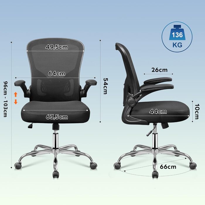 Офісний стіл DEVAISE: ергономічне крісло з регульованою поперековою підтримкою та відкидними підлокітниками, регульована висота, до 136 кг, для офісу (Чорний, без підголівника)