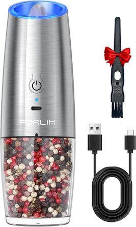Електрична млинка для перцю та солі FORLIM, 6oz, USB зарядка, з LED підсвічуванням, регульований помел, автоматична робота, нержавіюча сталь, 1 шт, срібляста