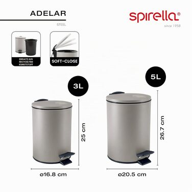 Сміттєвий відер Spirella Adelar з педаллю, 3 л, нержавіюча сталь, Soft-Close, матовий чорний (набір 2 шт.)