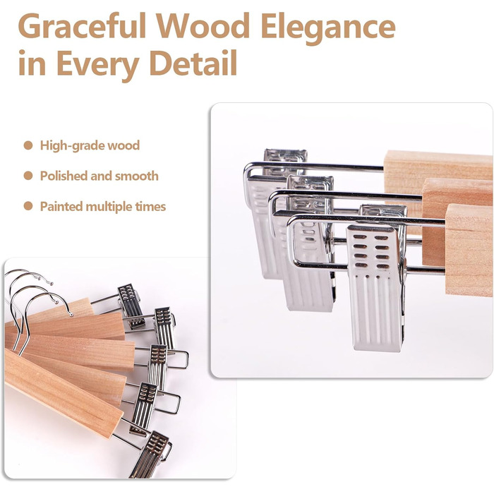 10 дерев'яних вішалок для одягу 35 см, міцні вішалки для штанів, з поворотним гачком 360°, металеві вішалки для одягу, економія місця, з антиковзними кліпсами для штанів, шкарпеток, спідниць (колір дерева)