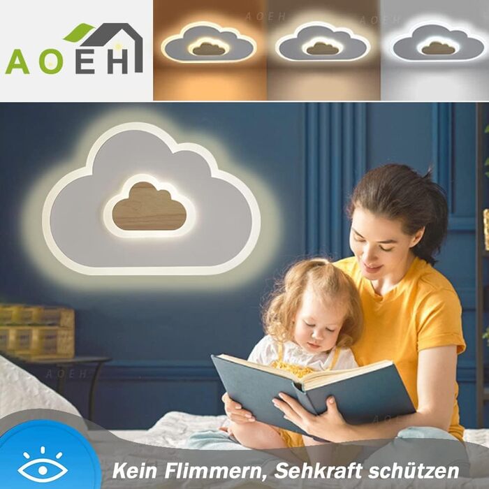 LED Ceiling Light Bedroom Children's Room Lamp Ceiling Lamp Ceiling Light for Children Cloud Ceiling Light Wood Stepless Dimming with Remote Control With Night Light Function, 40cm