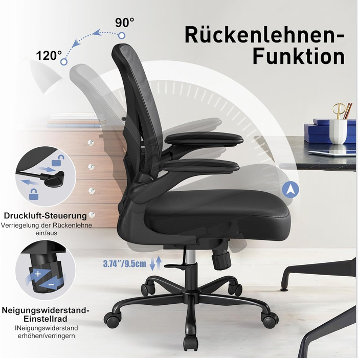 Ергономічне крісло для офісу ZZH, сітка, регульована поперекова підтримка, підйомні підлокітники, дихаюча тканина, обертання на 360°, регулювання висоти, чорний