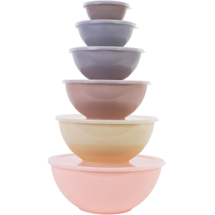Набір мисок для перемішування BoxedHome з кришками (12 шт.), миски для салатів з пластику, неслизькі, стійкі, для кухні (6 мисок та 6 кришок, хакі)