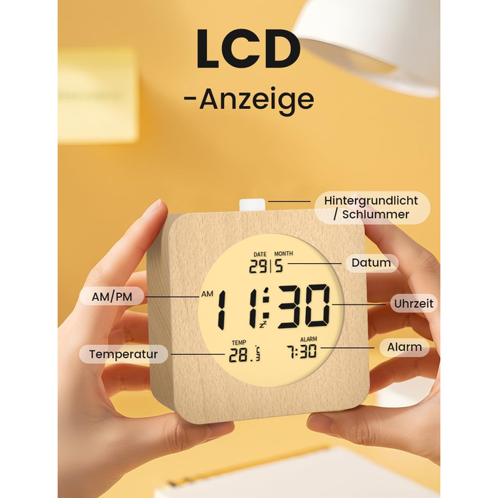 Цифровий настільний будильник aboveClock з дерев'яним корпусом, LCD-дисплей з температурою та датою, функція Snooze та підсвічуванням, квадратний