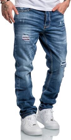 Чоловічі джинси Amaci&Sons Regular Straight Fit Denim 7984, світло-блакитні з потертостями та латками, розмір 36W/32L