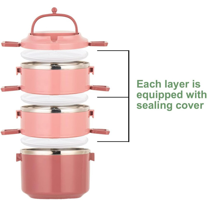 SANQIAHOME 3-Tier Stackable Stainless Steel Lunchbox, Leakproof, Pink