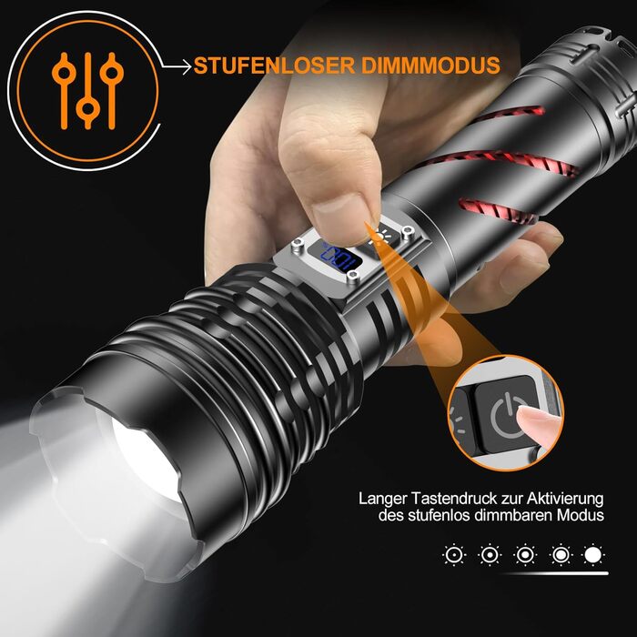 Ліхтар LED акумуляторний 1000000 люменів, тактичний ліхтар, 2 режими, регулювання яскравості, USB, для кемпінгу та надзвичайних ситуацій, чорний