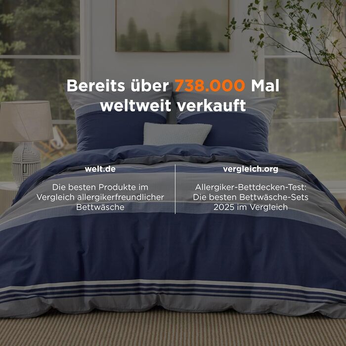 Комплект постільної білизни BEDSURE 200x200 см, 3 предмети, бавовна, з двостороннім рослинним принтом та блискавкою, OEKO-TEX, джинсовий синій