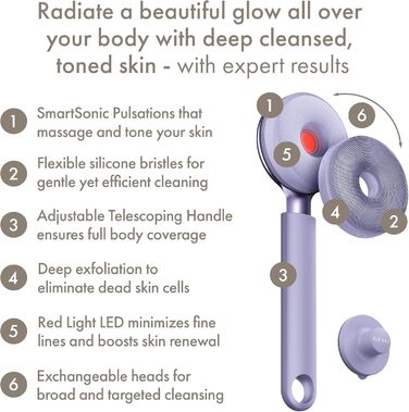 GESKE Sonic LED Full-Body Brush: Щітка для тіла з LED-підсвіткою та інтенсивним пілінгом | 9-в-1 | Електрична щітка для тіла | Глибоке очищення та масаж | SmartSonic Pulsations | М'які силіконові ніжки (Purple)