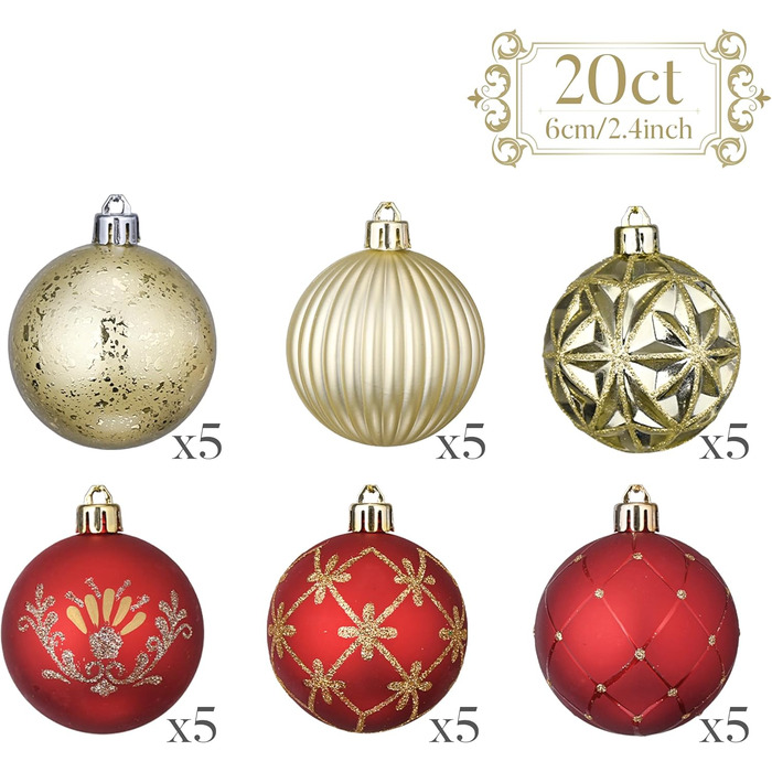 Набір прикрас для ялинки Valery Madelyn 20 шт, 6 см, пластик, червоний та золотий, з гачками | Новорічні кулі для декору
