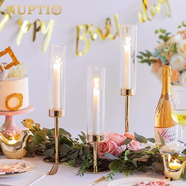 NUPTIO золоті скляні підсвічники-циліндри для свічок, набір 6 шт., металеві великі тримачі без дна для весілля, вечірки, декор столу, вітальня, обідній стіл