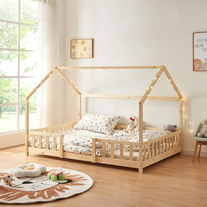 en.casa Kids Bed Sisimiut House Bed 140 x 200 cm with Side Rails Wooden Bed for Children Floor Bed Slatted Frame Pine Wood Wood Finish Wood 140x200cm