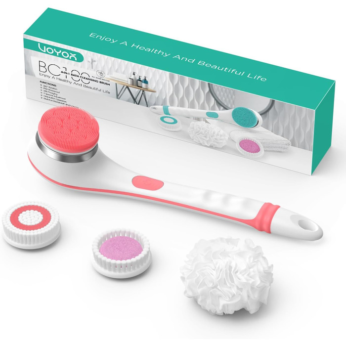 VOYOR Back Brush Shower Brush Body Brush Electric Back Scrubber with Long Handle Waterproof Rechargeable with 4 Cleaning Heads for Spa Shower Exfoliating Massage Brush BC100 (Pink)