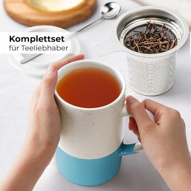 Набір чайних чашок Miamio 2 x 500 мл з кришкою та ситом, з чайним ситечком та ложкою, для заварювання листового чаю, подарунок для жінок, безпечно для мікрохвильової печі та посудомийної машини (блакитний)