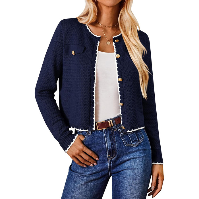 Жіночий кардиган Grace Karin з довгими рукавами, двоколірний, в'язаний, з ґудзиками. Елегантний та зручний. XL, темно-синій