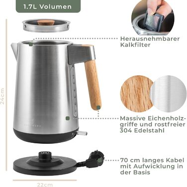 WALDWERK Design Kettle - 3000 Watts - 1.7L - Stainless Steel Kettle - Kettle with Genuine Oak Wood Handles and Rust-Resistant 304 Stainless Steel. Stainless Steel and Wood Kettle