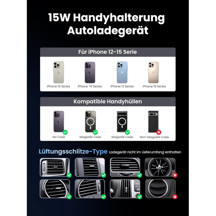 Автотримач для телефону UGREEN з MagSafe та зарядкою 15W (1M кабель) - сумісний з iPhone 17/17 Pro/17 Pro Max/16/15/14/13