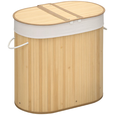 HOMCOM Laundry Basket with Lid, 2 Sections Removable Laundry Sorter Made of Bamboo, Natural for Laundry Organization and Storage