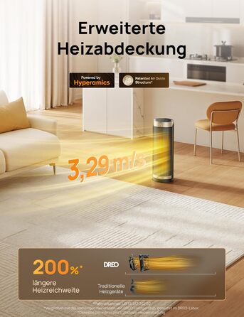 Електричний обігрівач Dreo Solaris Slim H3 Standard Gold: тихий, енергоефективний, з пультом, 3 режими, 12-годинний таймер, захист від перегріву та перекидання