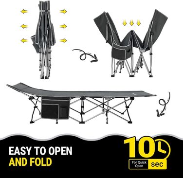 Розкладне ліжко для кемпінгу KingCamp - легке, портативне, з кишенею, 190x67 см, чорно-сірий годинниковий візерунок