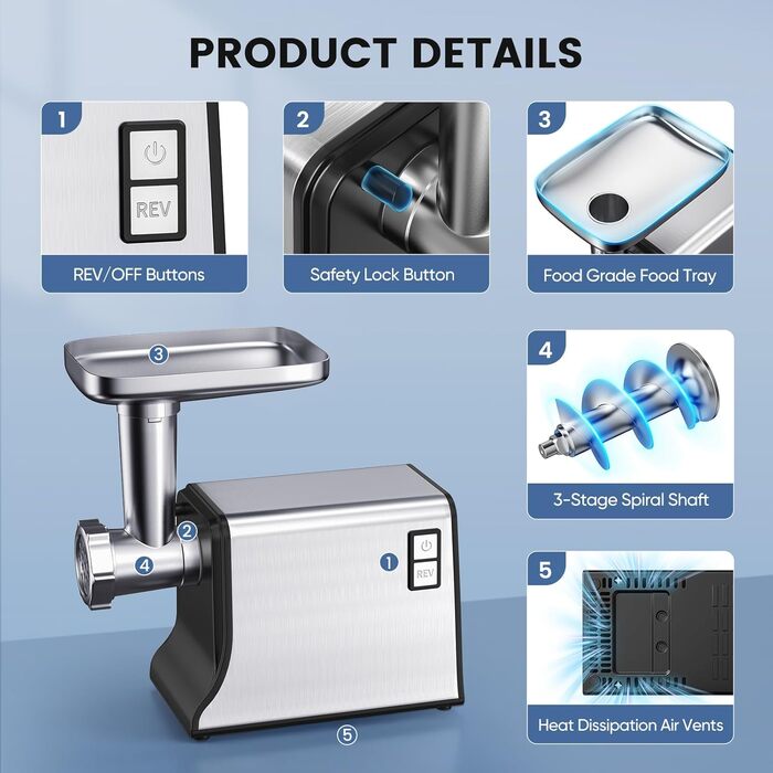 Електрична м'ясорубка 3000 Вт, багатофункціональна, з 3 насадками для фаршу, кубе та 3 насадками для ковбас, для дому