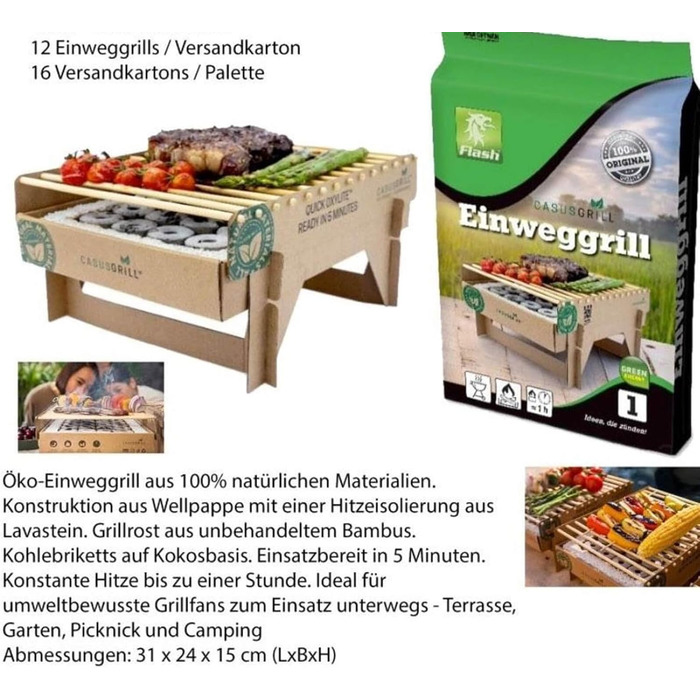 Sustainable Premium Lava Stone Disposable Grill - 6 Pieces including Starter Aid - 60 Minutes Grill Time - Wood, Bamboo, Charcoal (6)