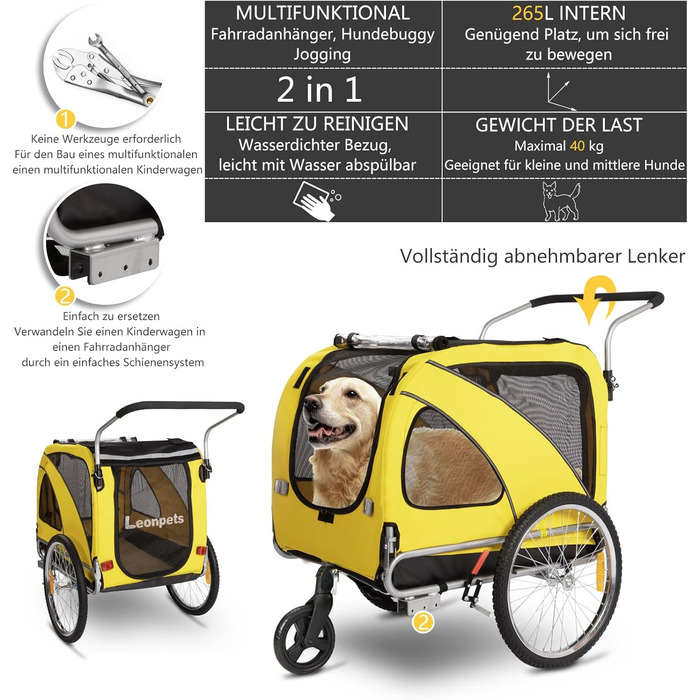 Трансформер для собак XL: велосипедний/біговий, 2-в-1, з гальмом та світловідбивачами, 600D Oxford, до 40 кг, жовтий