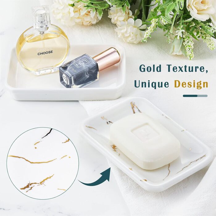 Підставка для мила Shinowa з подвійним шаром та знімним контейнером для води, білий мармур з золотим візерунком