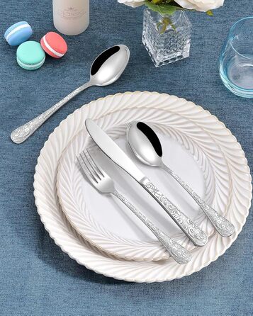 Набір столових приборів Vintage з різьбленням на 6 осіб, нержавіюча сталь, сріблястий (24 предмети) - ложки, виделки, ножі для дому та кухні, поліровані