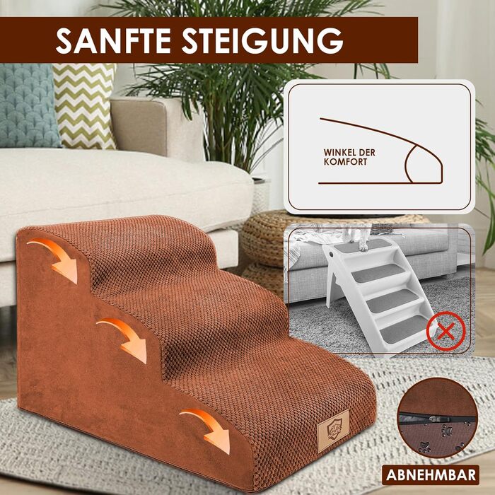 Calling Dog Stairs, Dog Stairs for Small Dogs, Waterproof Dog Stairs 40 cm High, Injury Prevention High-Quality Sponge Cat Stairs, Non-Slip Washable Dog Ramp for Sofa Bed Car (3-Step Dog Stairs, Brown)