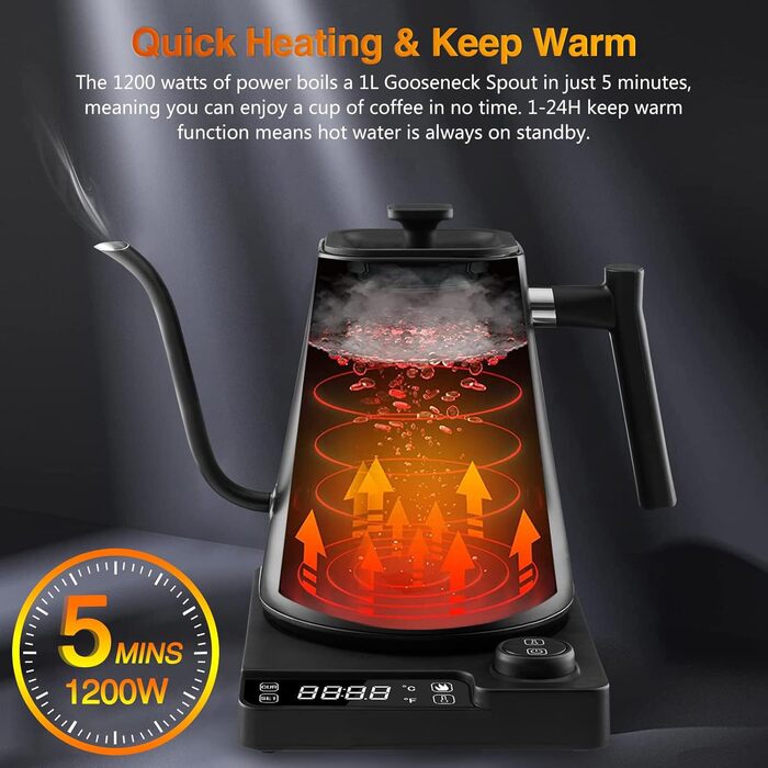 Fityou Electric Gooseneck Kettle - Temperature Control, 1200W, 1L Capacity, Fast Boiling, LED Digital Display, Celsius/Fahrenheit Conversion, for Specialty Coffee & Tea, Matte Black