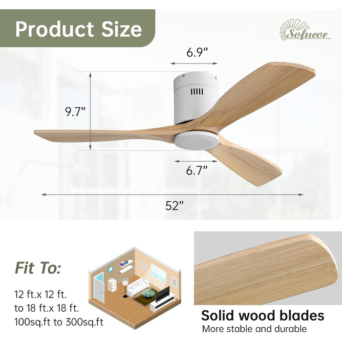 Стеляний вентилятор Sofucor з дистанційним керуванням, дерев'яний, 132 см, 6 швидкостей, DC мотор, тихий, з таймером, для спальні (без світла, монтаж врізний, натуральне дерево)