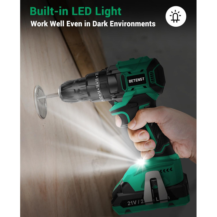 Акумуляторний шуруповерт BETENST 21V: 42Nm, 2.0Ah, 25+3 рівня крутного моменту, 2 швидкості, 10 мм патрон, LED, 30-ти елементний набір для дому, саду, DIY