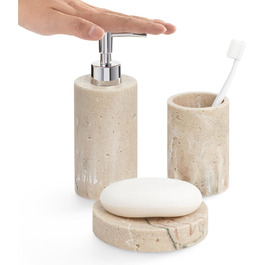 Набір для ванної кімнати Navaris: дозатор для мила, стакан для зубної пасти, 3 шт. - аксесуари для ванної кімнати, набір, штучний камінь, мармур, бежевий