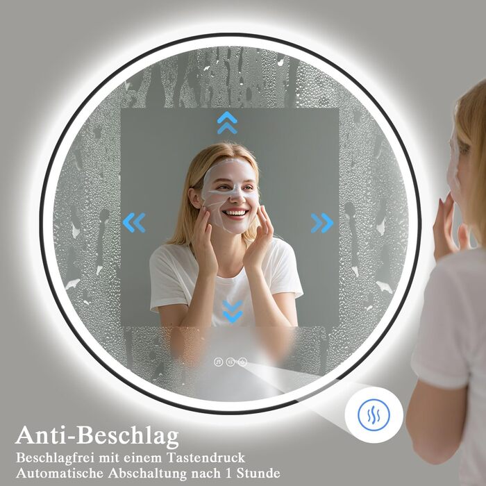 Дзеркало для ванної кімнати з підсвічуванням LED, антизапар, сенсорне керування, регулювання яскравості, 3 кольори світла, функція пам'яті, захист від вибуху, кругле дзеркало 50см (металевий каркас+bluetooth)