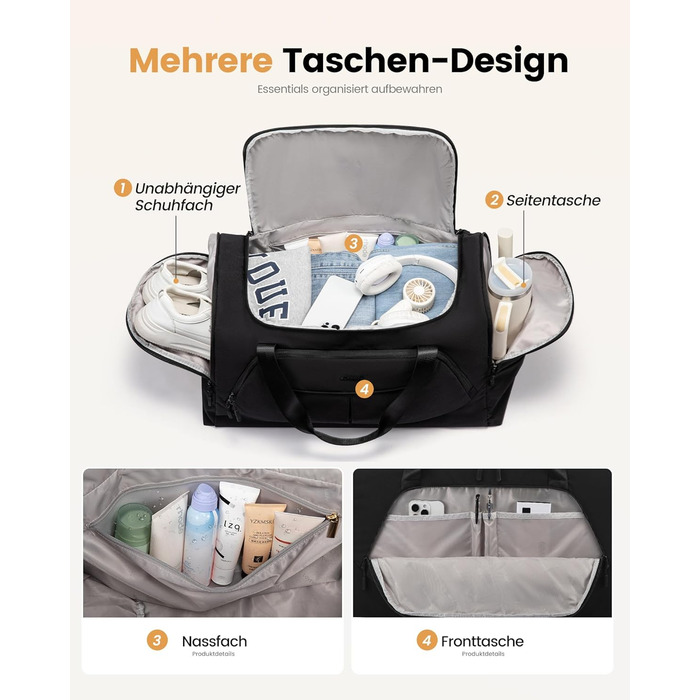 Спортивна сумка LOVEVOOK для жінок, 30 л: туристична сумка з відділенням для взуття та мокрих речей, невелика сумка для спортзалу, плавання, сауни, ручної поклажі для спорту, фітнесу, тренувань та подорожей, водонепроникна дорожня сумка-мішок (B-чорний, 5