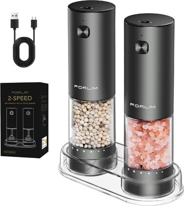 Електрична мельниця для солі та перцю FORLIM, USB-зарядка, регулювання помелу, 7 ступенів, 2 шт. (чорний+білий)