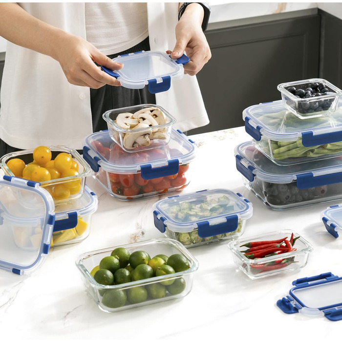 Набір скляних контейнерів для зберігання їжі з кришками з преміум-пластику, 10 шт., блакитні