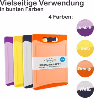 MaxxGoods Cutting Board SET 4-Piece, Colorful, with Juice Groove & Handle - Antibacterial Kitchen Board - Chopping Board, Plastic Board Reversible & Dishwasher Safe - (20x15x0.8 cm)