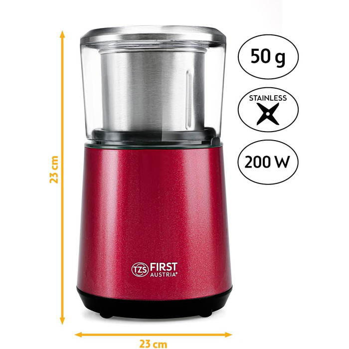 Електрична кавомолка TZS First Austria: 200W, 27 000 об/хв, 4 леза з нержавіючої сталі, 50г контейнер, тиха робота, легке очищення, з кабелем
