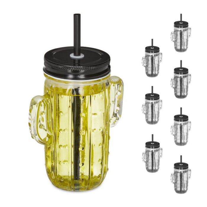 Relaxdays Set of 8 Cactus Drinking Glasses with Straws