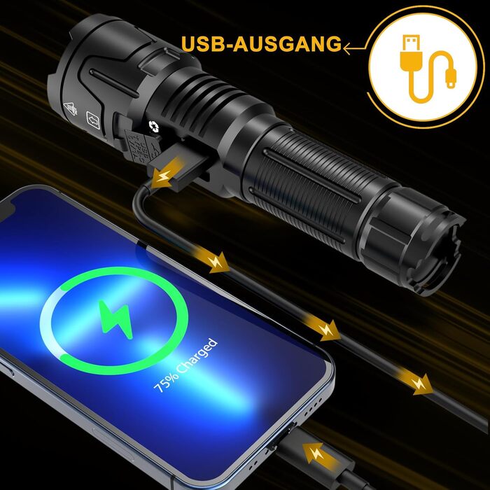 Ліхтарик BEYSTE LED акумуляторний, 500000 люмен, тактичний, USB-C, надяскравий для кемпінгу та надзвичайних ситуацій