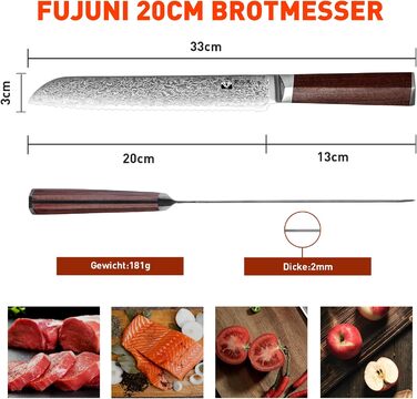 Bread Knife Wavy Edge Damascus Bread Slicing Knife with Extremely Sharp 20 cm Blade Made of 67 Layers VG-10 Damascus Steel, Wooden Handle, Gift Box