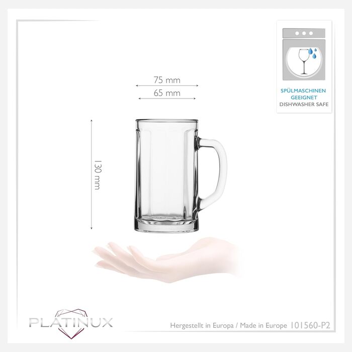 Набір пивних склянок PLATINUX Bierseidel 6 шт, 300 мл (прозорі, з ручкою) для пива, Maßkrug