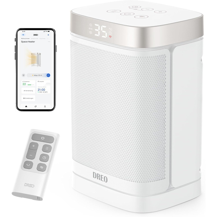 Обігрівач Dreo Atom One S: енергоефективний, тихий, 1500W з Wi-Fi, пультом ДУ, осциляцією 70°, 12-годинний таймер, 3 режими, 3 швидкості, PTC кераміка, білий