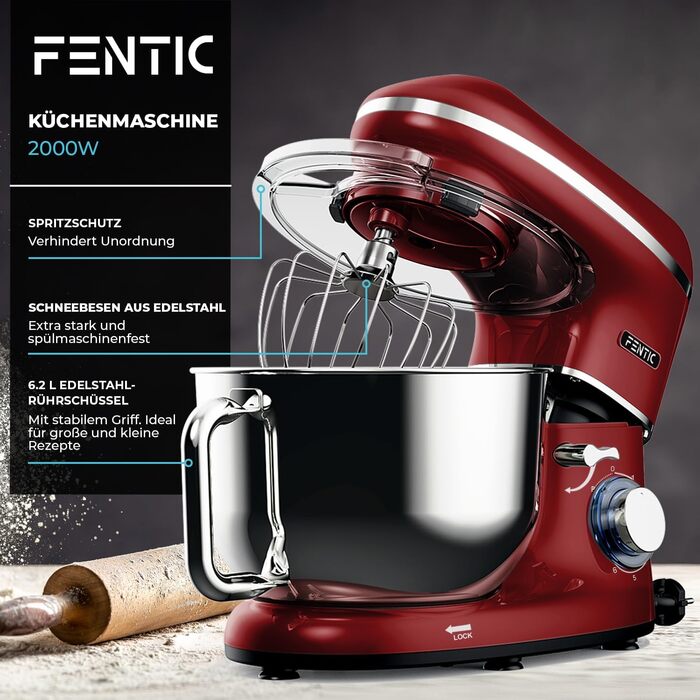 Fentic 2000W Stainless Steel Stand Mixer with 6.2L Bowl - Includes Dough Hook, Whisk, Beater & Splash Guard - Red