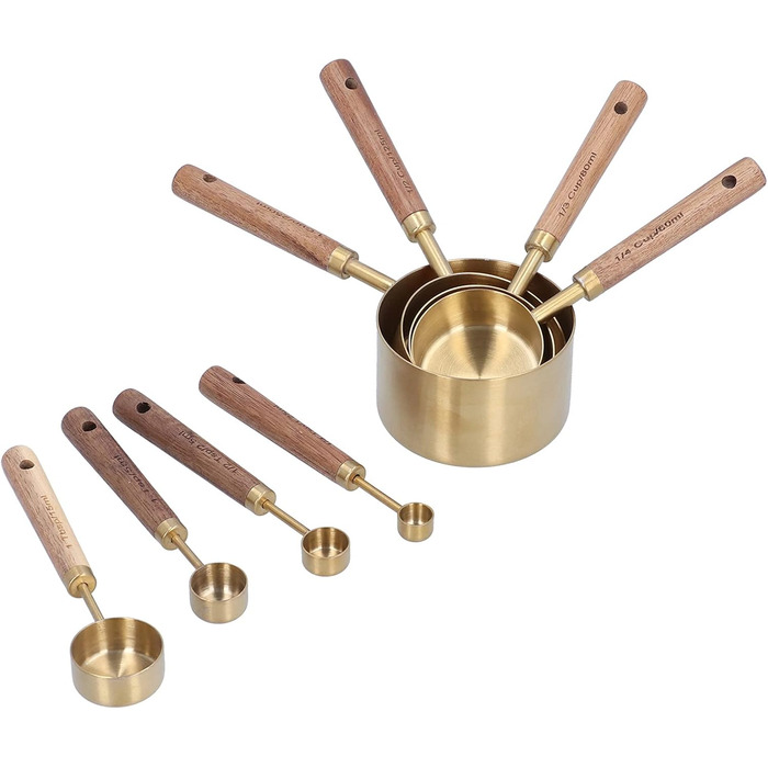 KOSDFOGE 8-Piece Stainless Steel Measuring Cup Set with Wooden Handle, Bartending Scale, Measuring Spoons, Baking Tool